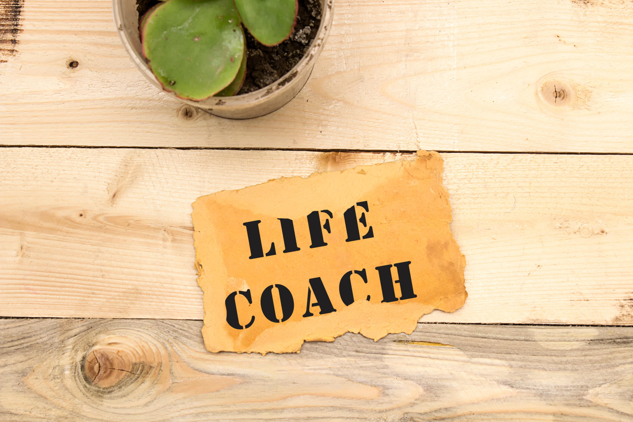 Note with words life coach on a wooden background